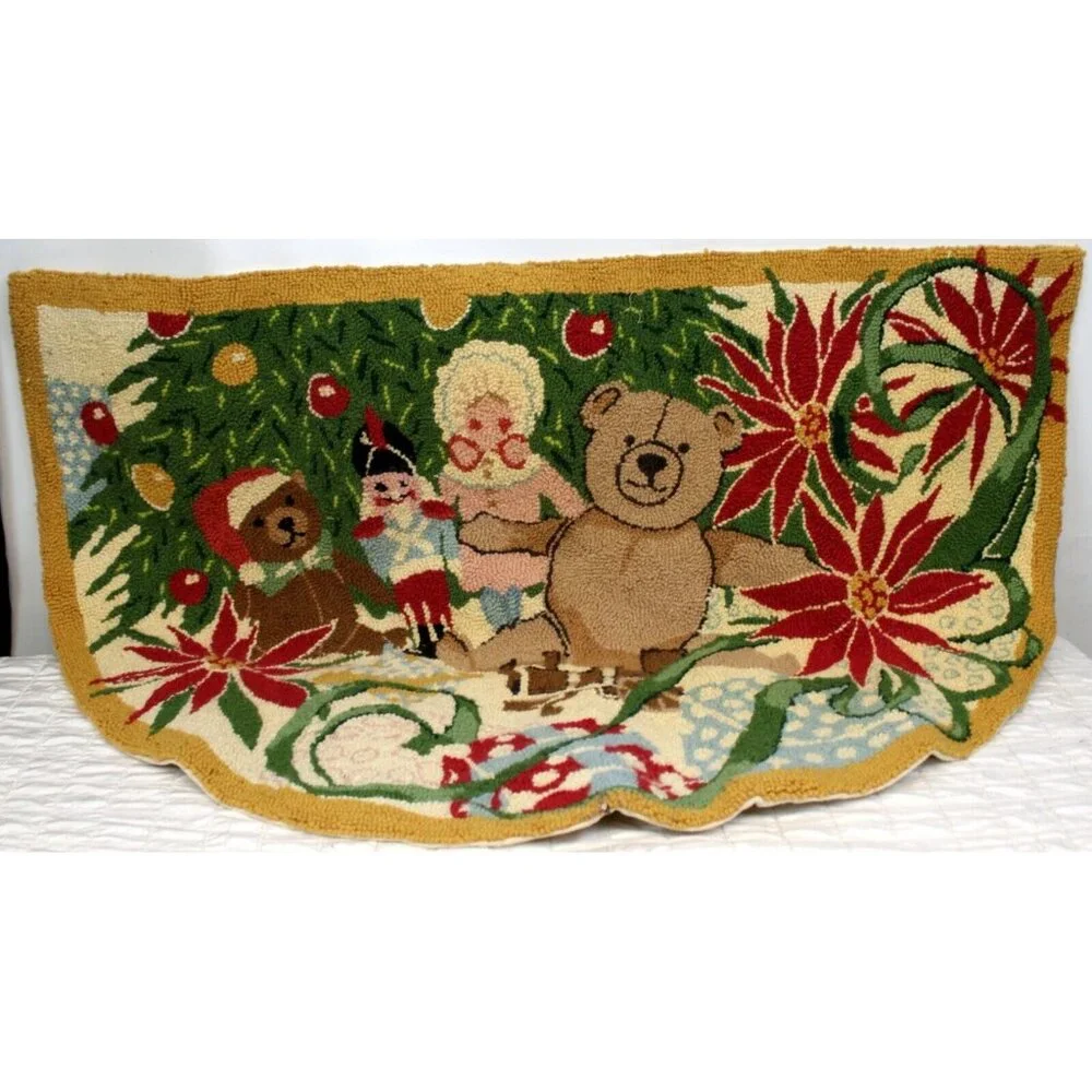 Yorkville Wool Christmas Rug Half Circle Teddy Bear Tree Doll Solider Poinsettia